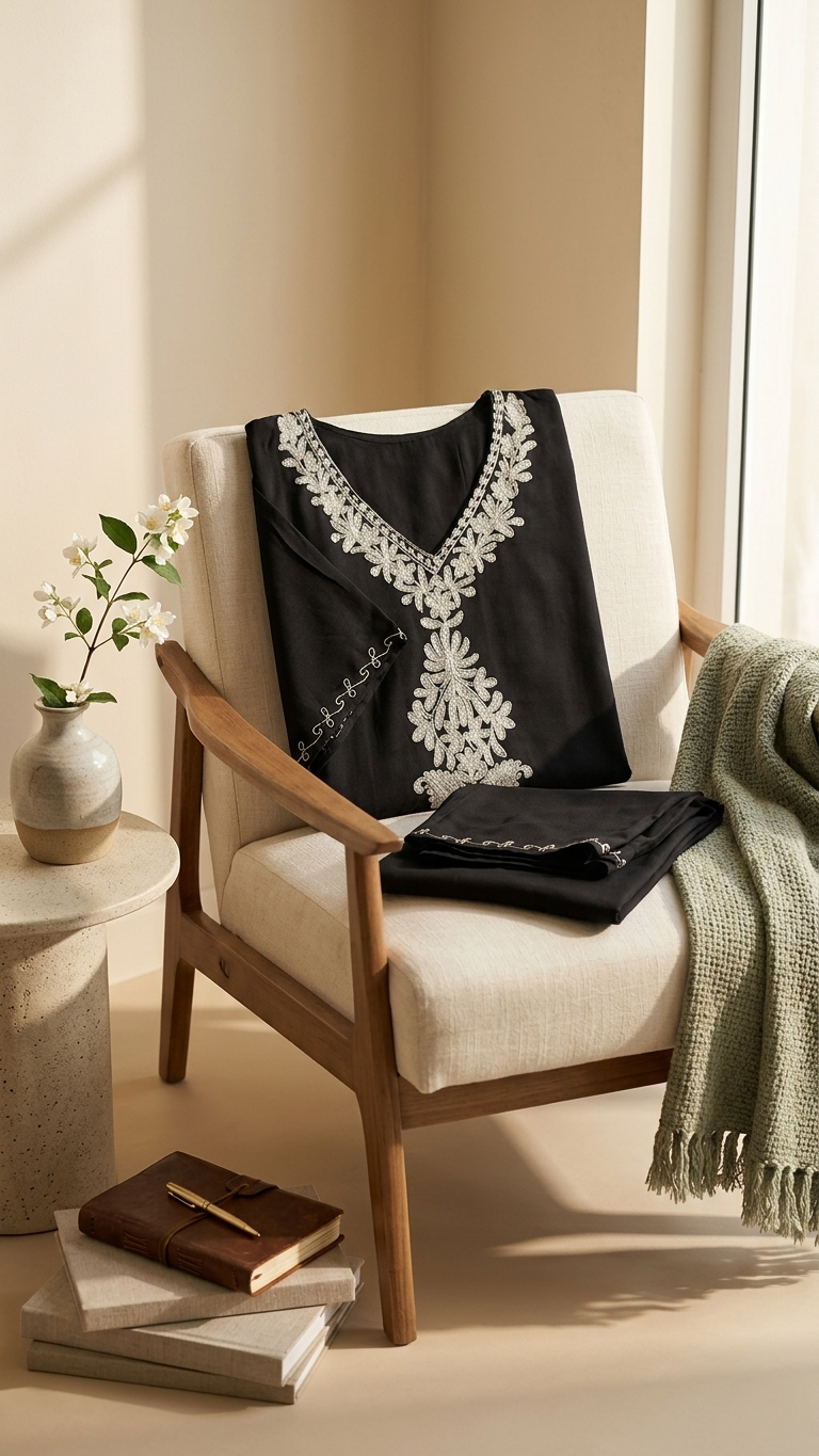 Black Rayon Cotton Kashmiri Tilla Kaftan