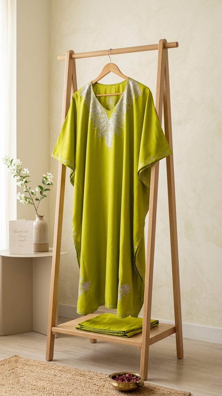 Neon Green Rayon Cotton Kashmiri Tilla Kaftan