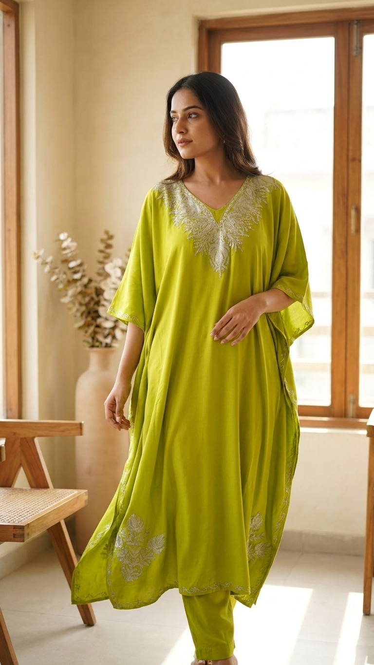 Neon Green Rayon Cotton Kashmiri Tilla Kaftan