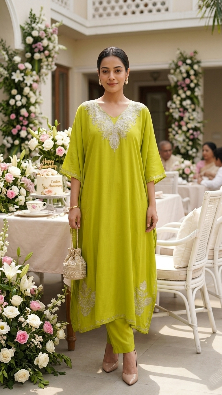 Neon Green Rayon Cotton Kashmiri Tilla Kaftan