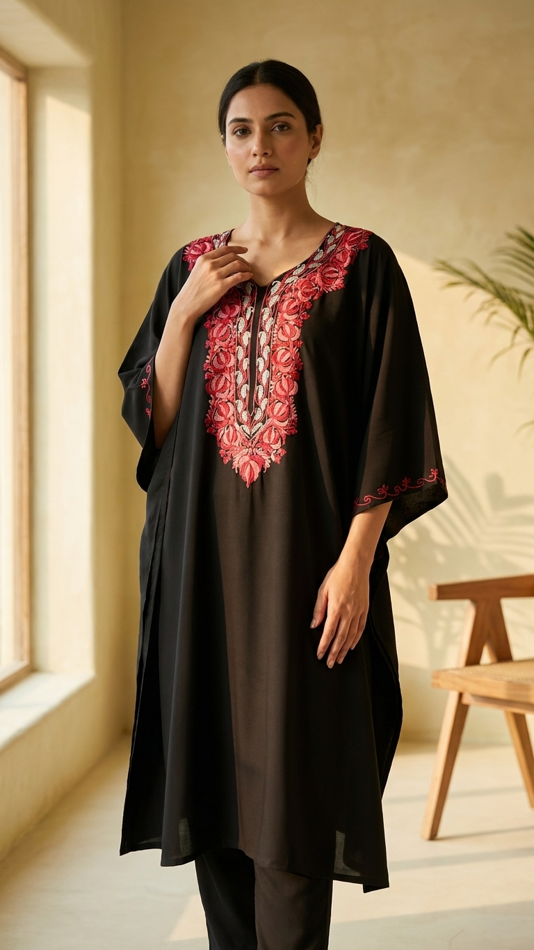Black Red Muslin Cotton Kashmiri Kaftan Set
