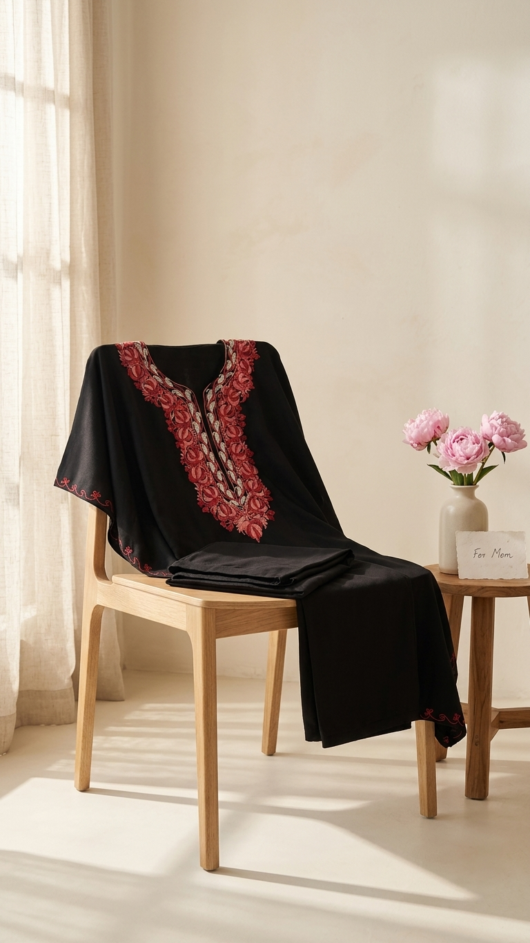 Black Red Muslin Cotton Kashmiri Kaftan Set