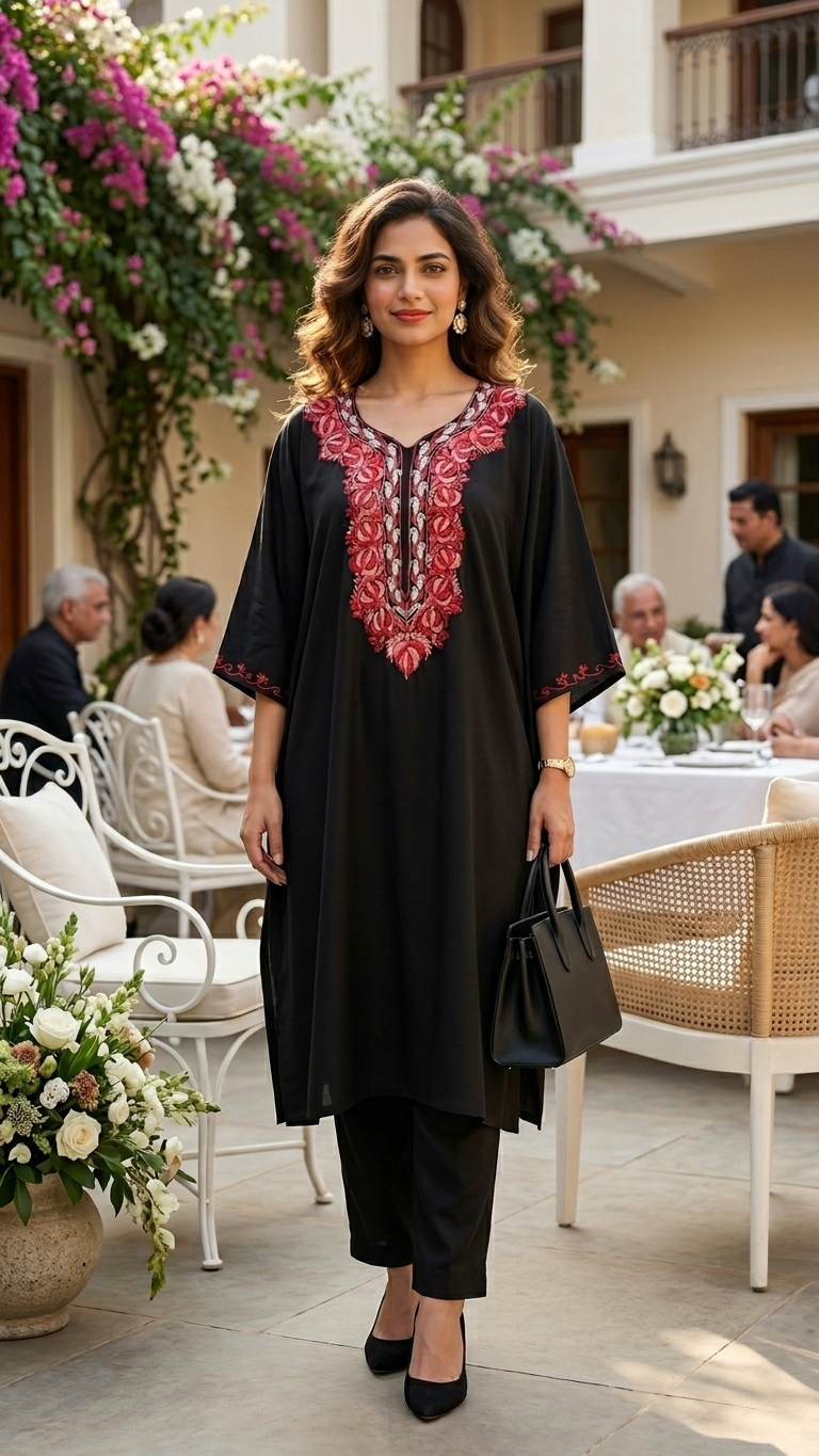 Black Red Muslin Cotton Kashmiri Kaftan Set