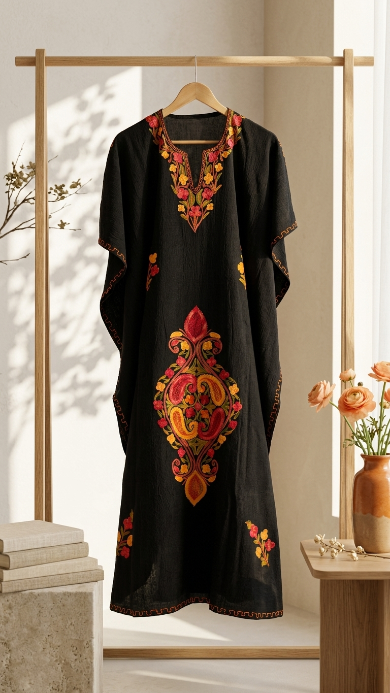 Long Crush Cotton Black Aari embroidered Kaftan