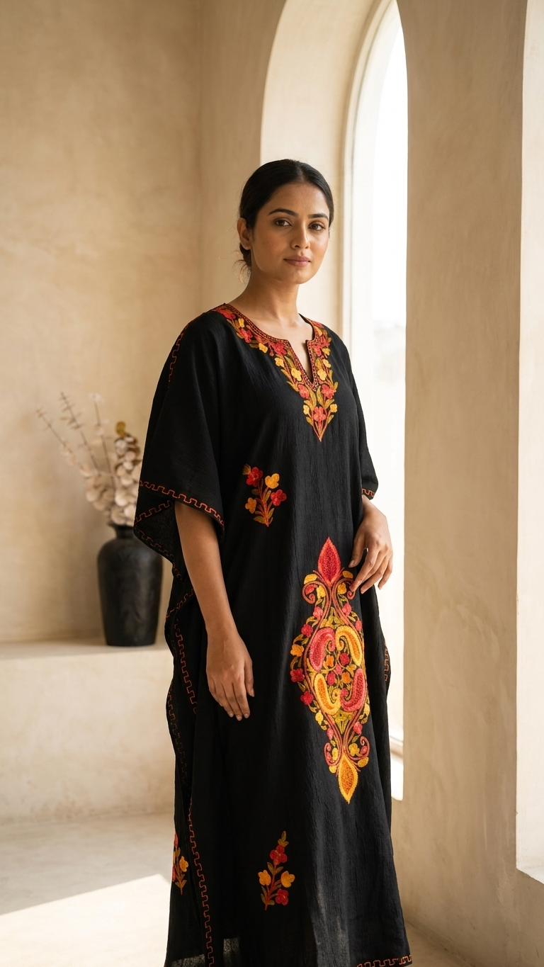 Long Crush Cotton Black Aari embroidered Kaftan