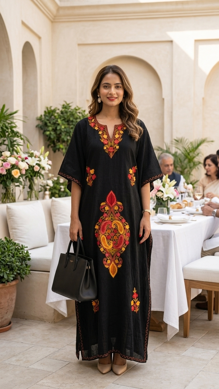 Long Crush Cotton Black Aari embroidered Kaftan