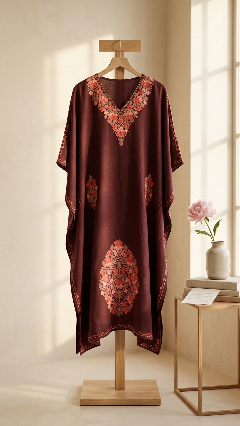 Maroonish Brown Cotton Aari embroidered Kaftan