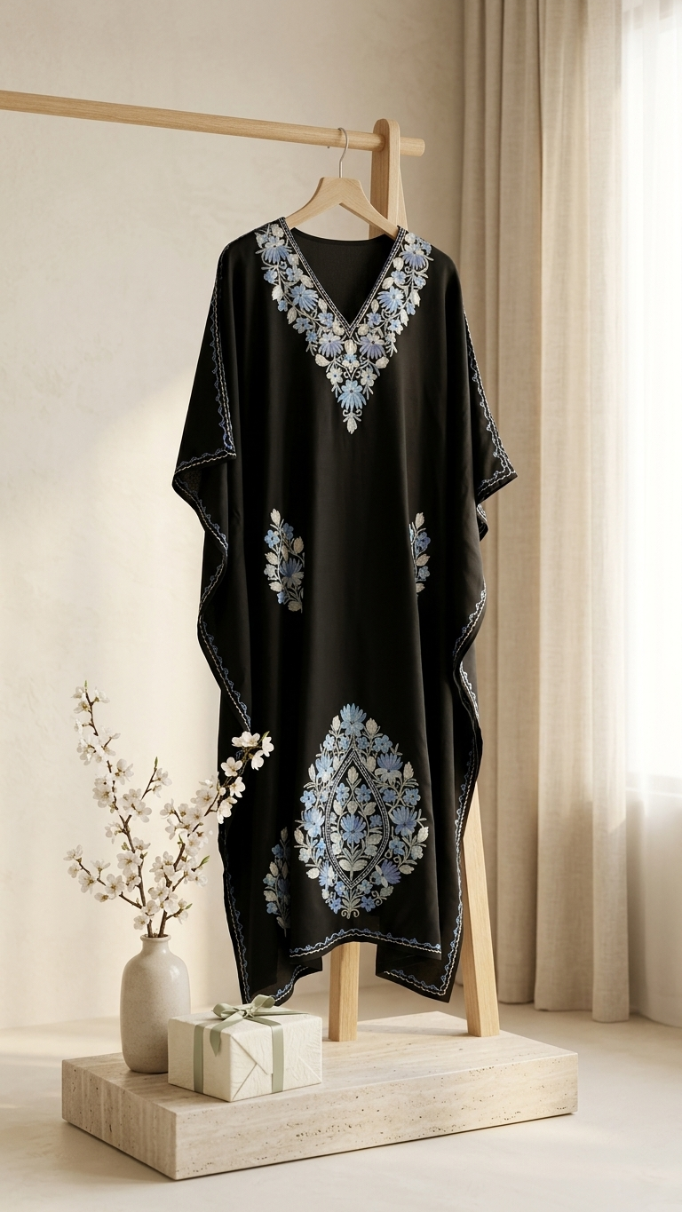 Black Cotton Aari embroidered Kaftan