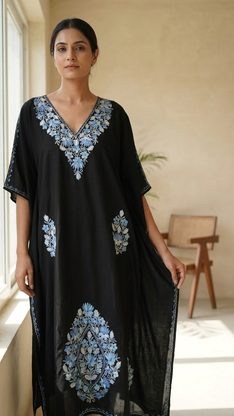 Black Cotton Aari embroidered Kaftan