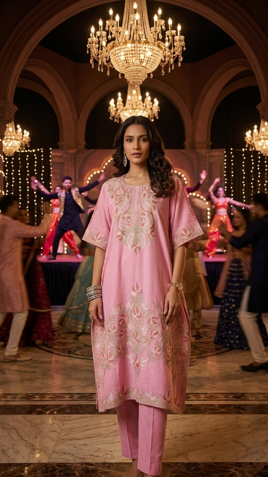 Pink Woollen Kashmiri Kaftan Set