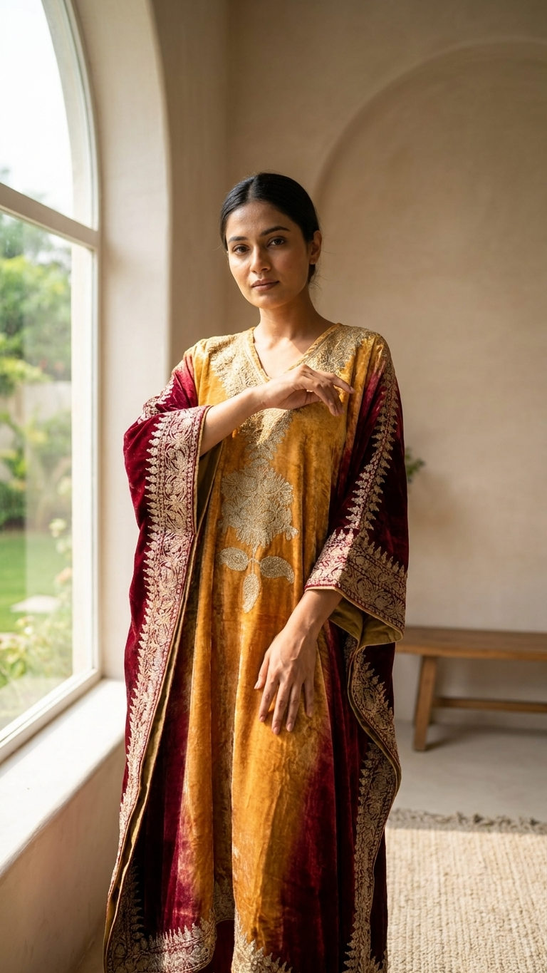 Gold Tilla Embroidered Pure Makhmal Kashmiri Kaftan Set