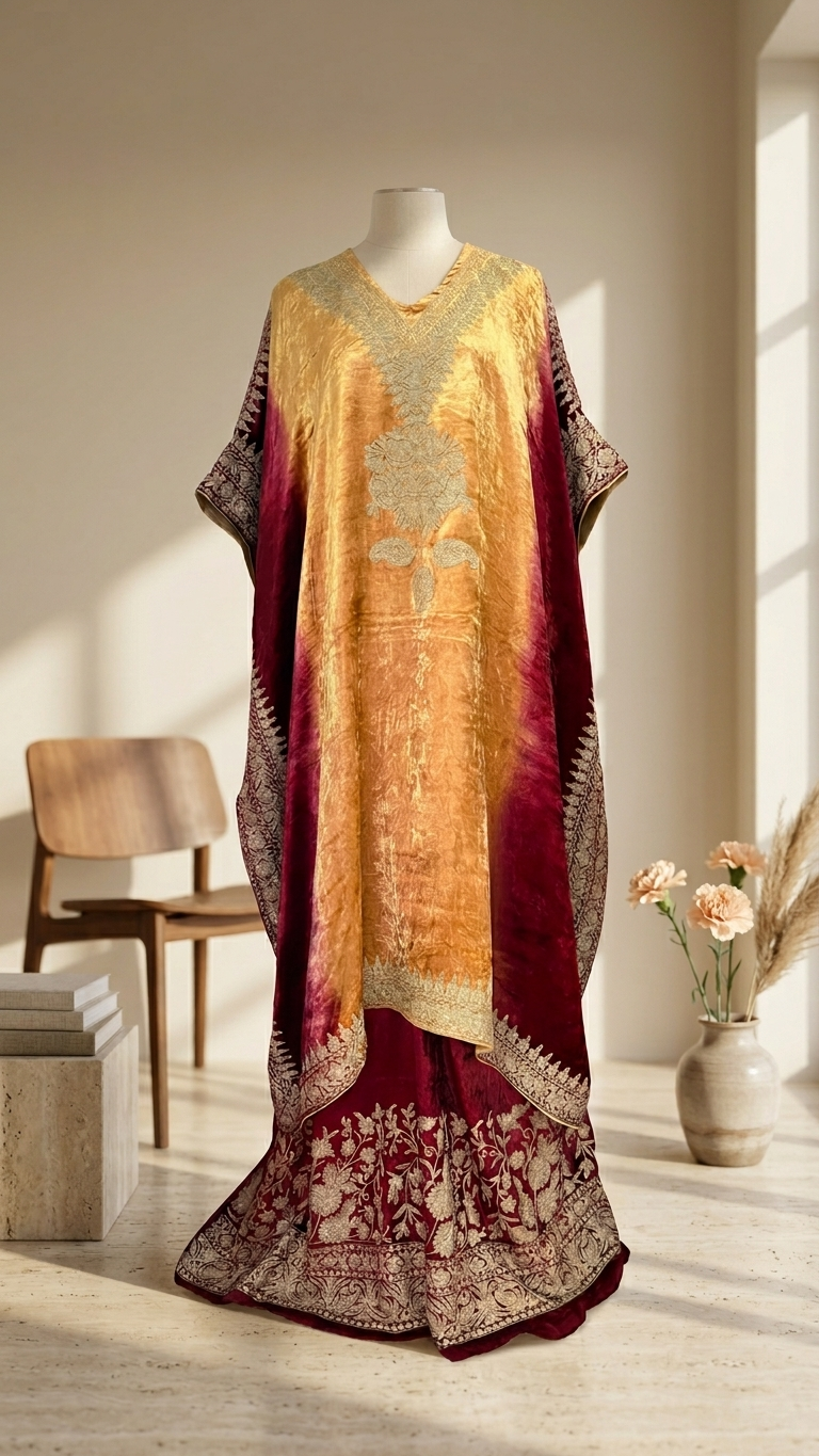 Gold Tilla Embroidered Pure Makhmal Kashmiri Kaftan Set