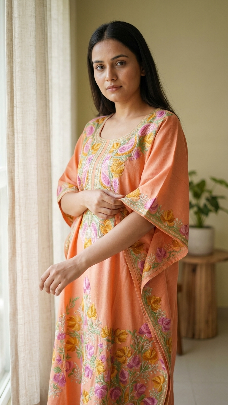 Orange Woollen Kashmiri Kaftan Set