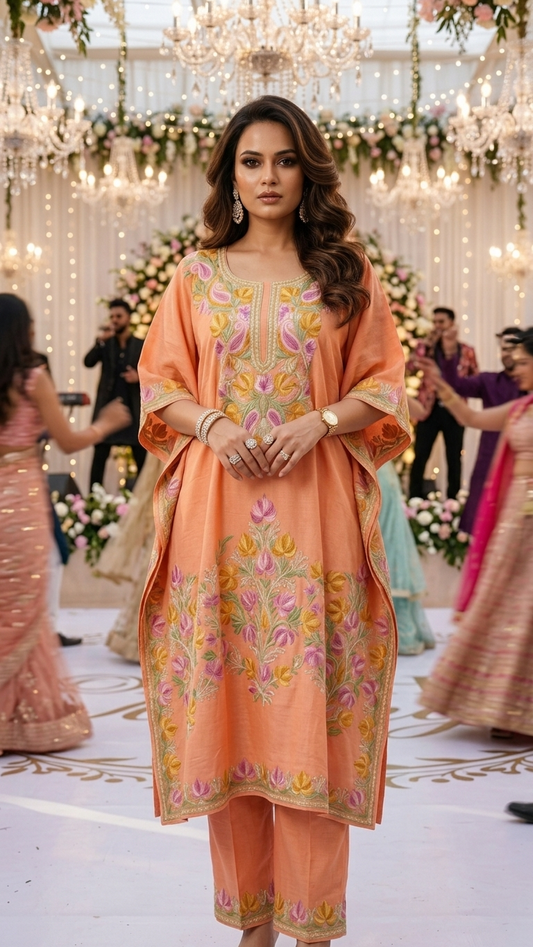 Orange Woollen Kashmiri Kaftan Set
