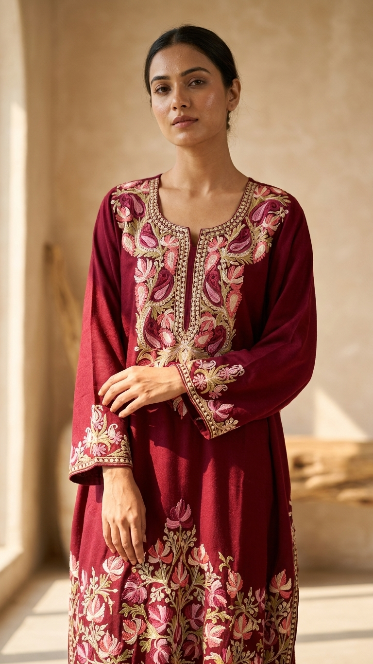 Maroon Woollen Kashmiri Kaftan Set