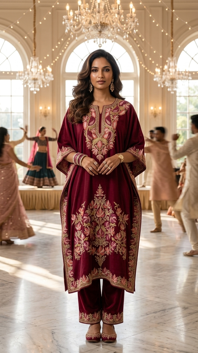 Maroon Woollen Kashmiri Kaftan Set