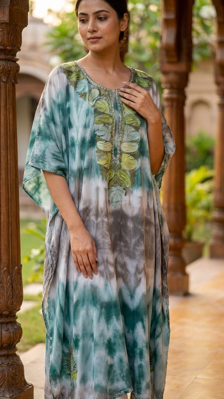 Mint Green Pure Georgette Shibori Kaftan Size (46)