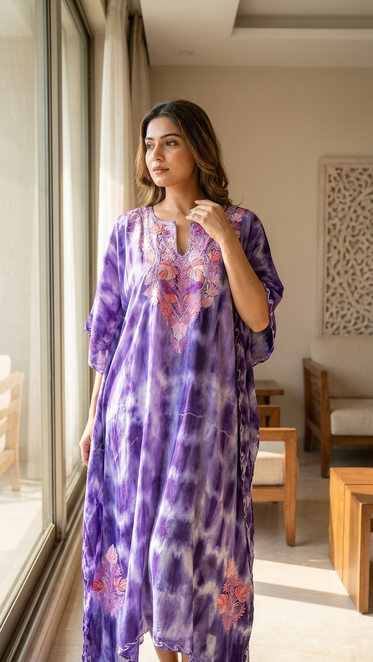 Violet Pure Georgette Shibori Kaftan Size (46)