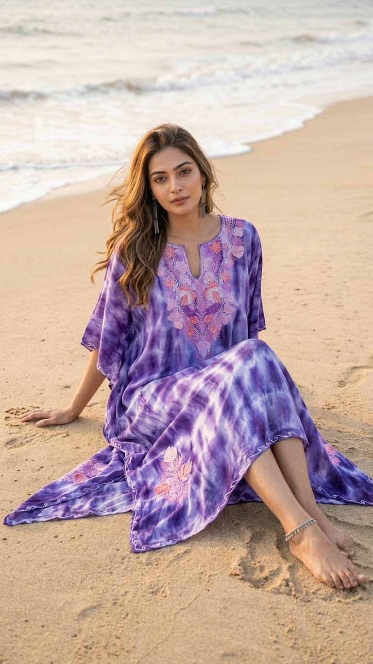 Violet Pure Georgette Shibori Kaftan Size (46)