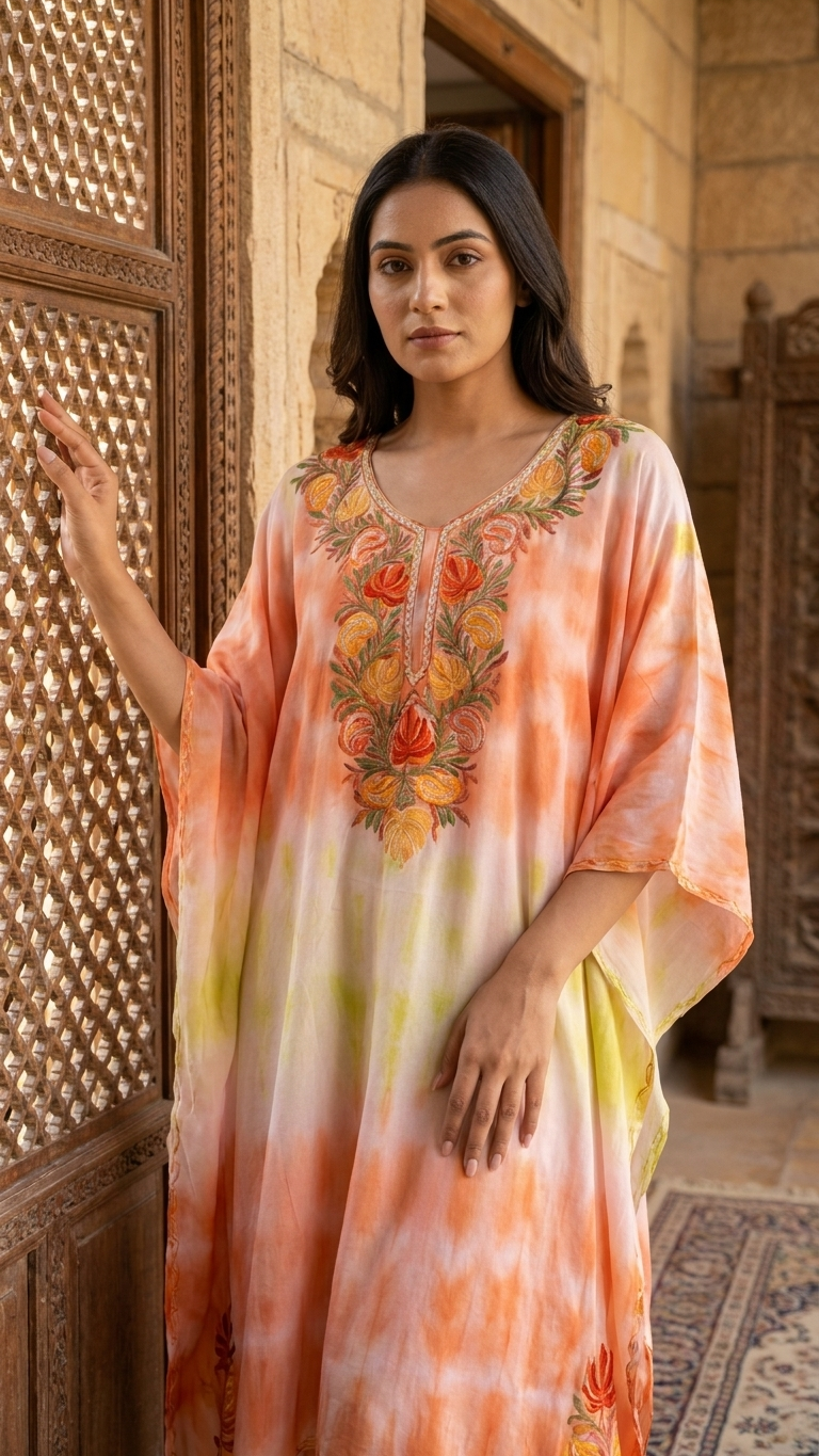 Soft Orange Pure Georgette Shibori Kaftan Size (44)