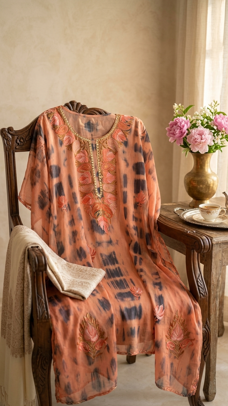Orange Pure Georgette Shibori Kaftan Size (46)