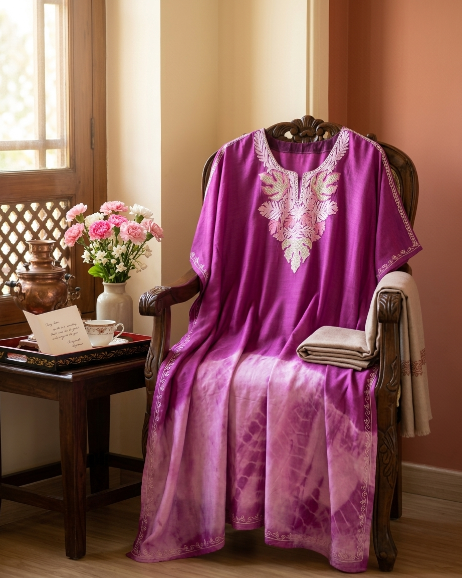 Hot Pink Pure Muslin Cotton Kashmiri Kaftan