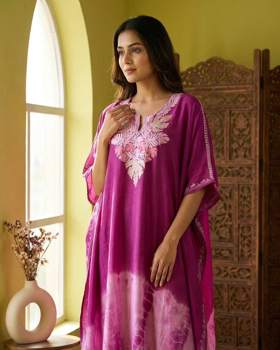 Hot Pink Pure Muslin Cotton Kashmiri Kaftan