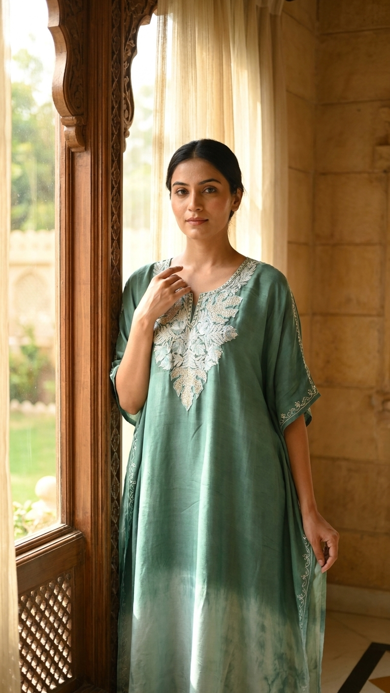 Green Pure Muslin Cotton Kashmiri Kaftan