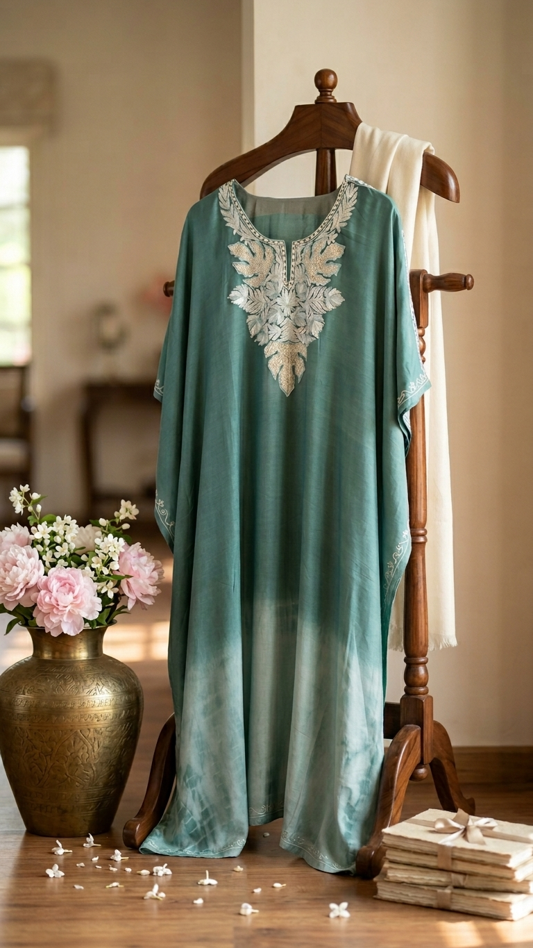 Green Pure Muslin Cotton Kashmiri Kaftan