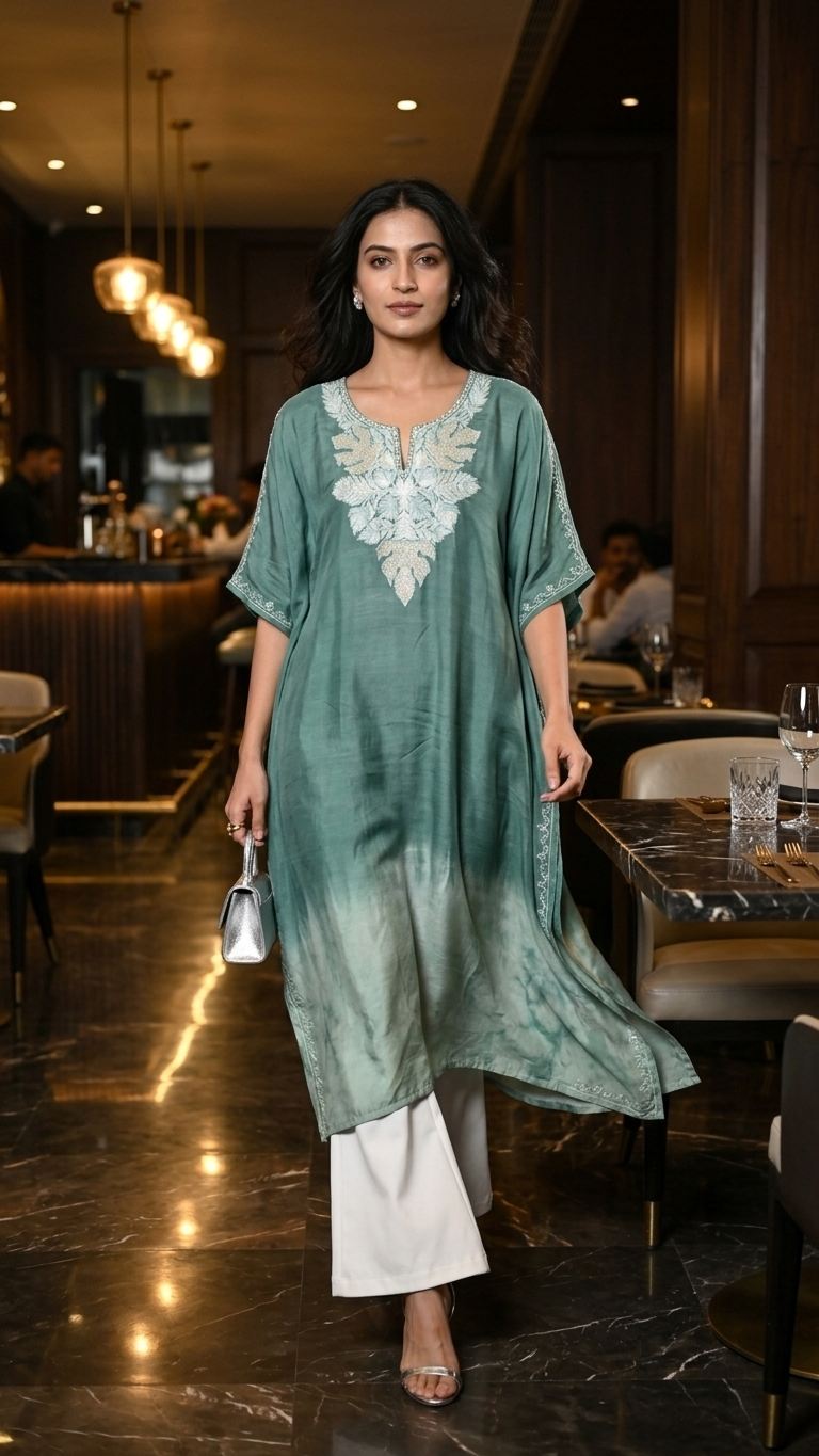 Green Pure Muslin Cotton Kashmiri Kaftan