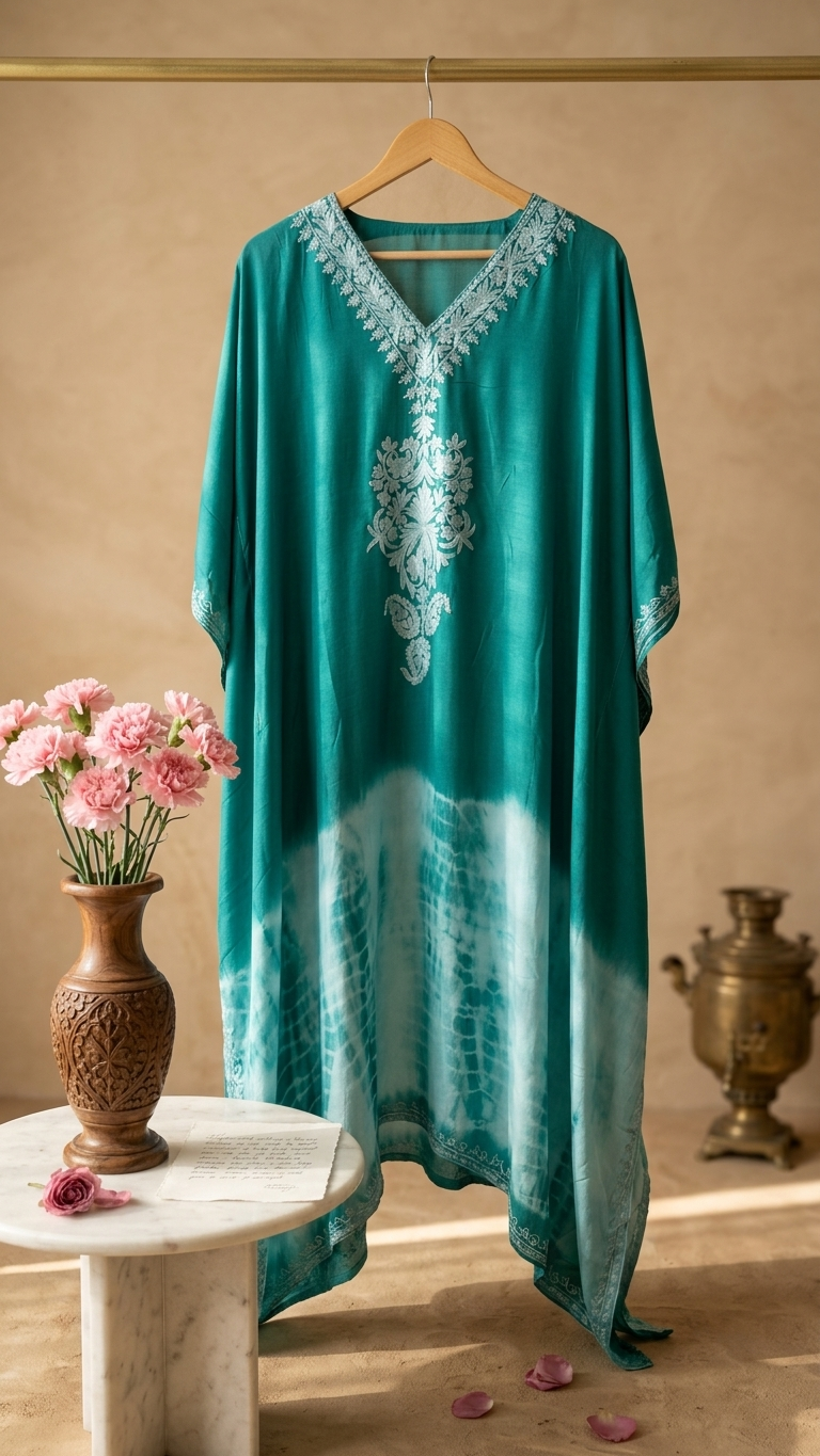 Green Muslin Cotton Kashmiri Kaftan