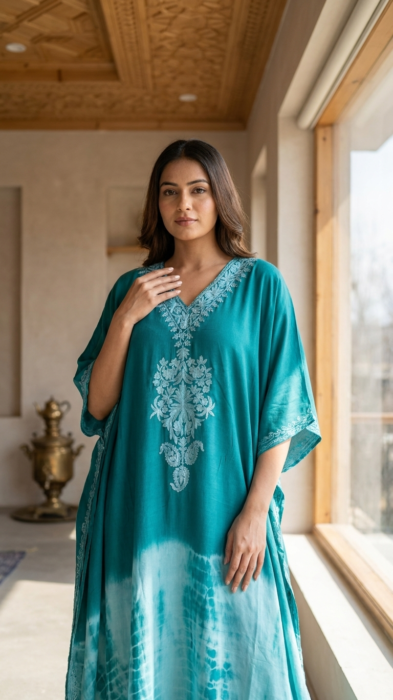 Green Muslin Cotton Kashmiri Kaftan