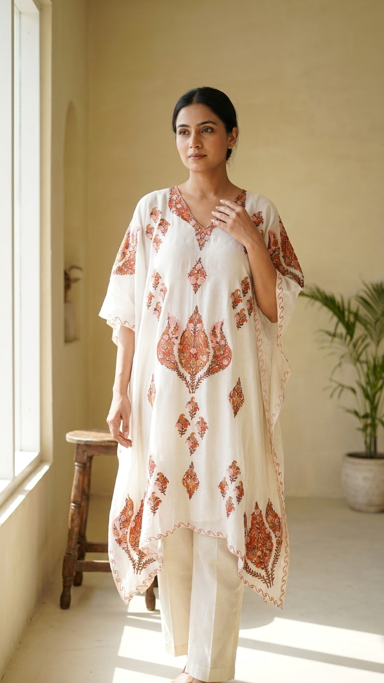 Ivory Opada Silk Kashmiri Kaftan Set