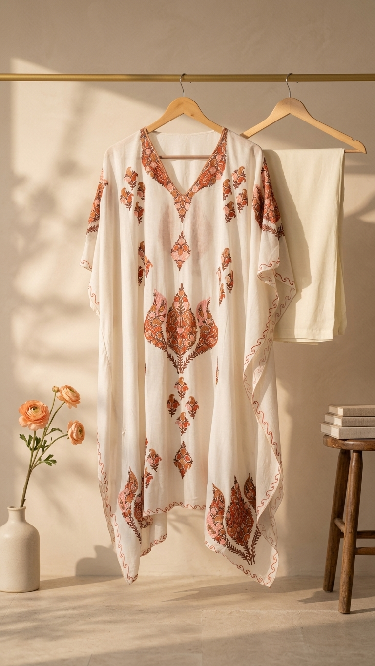 Ivory Opada Silk Kashmiri Kaftan Set