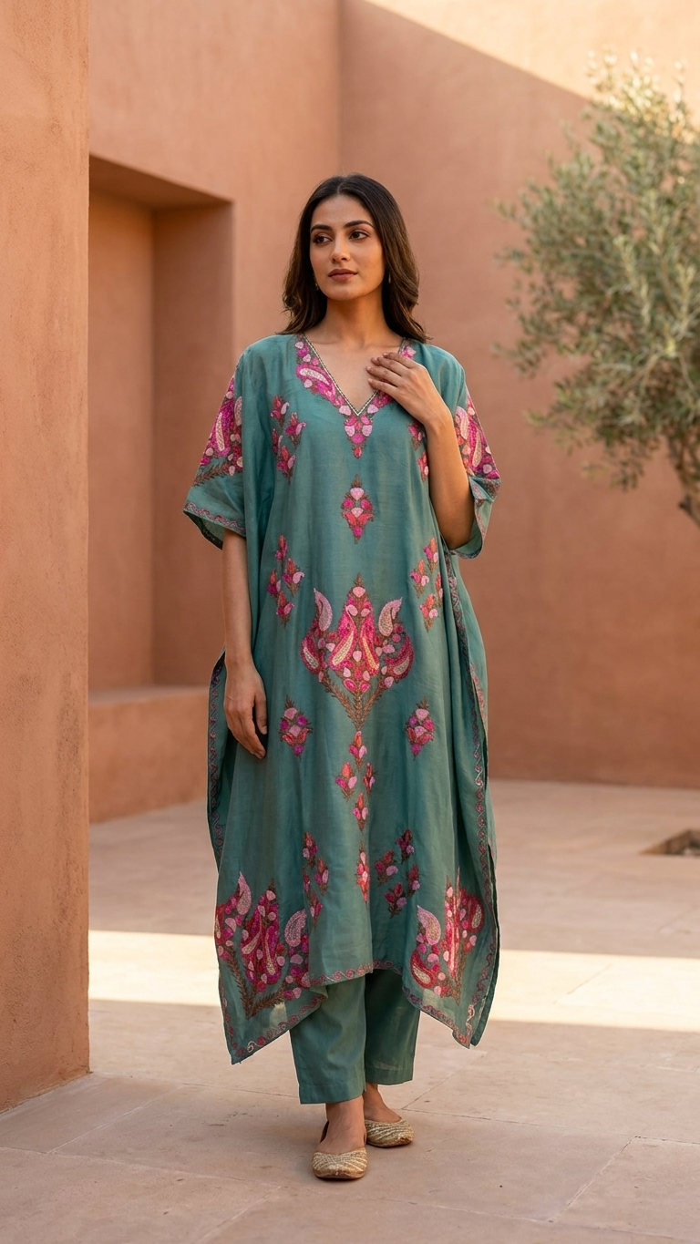 Soft Green Opada Silk Kashmiri Kaftan Set