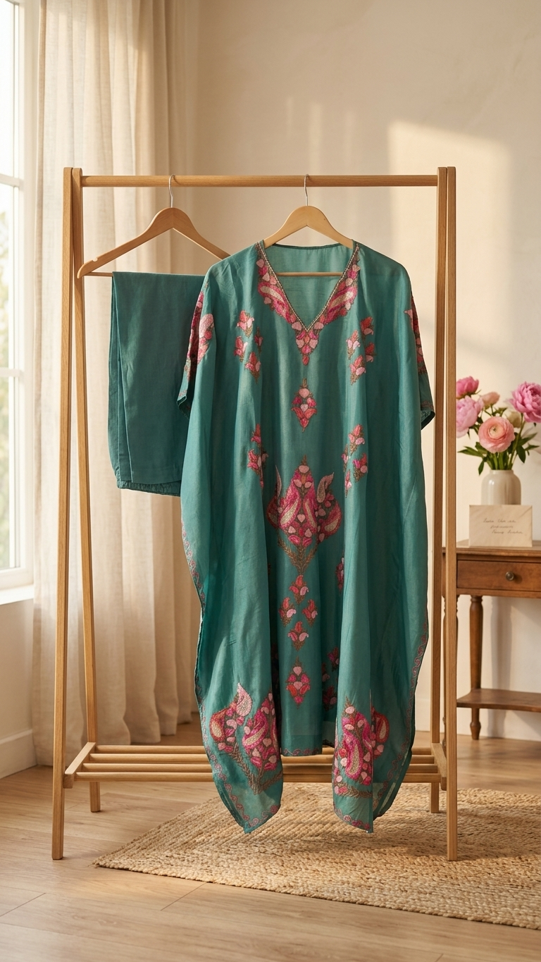 Soft Green Opada Silk Kashmiri Kaftan Set