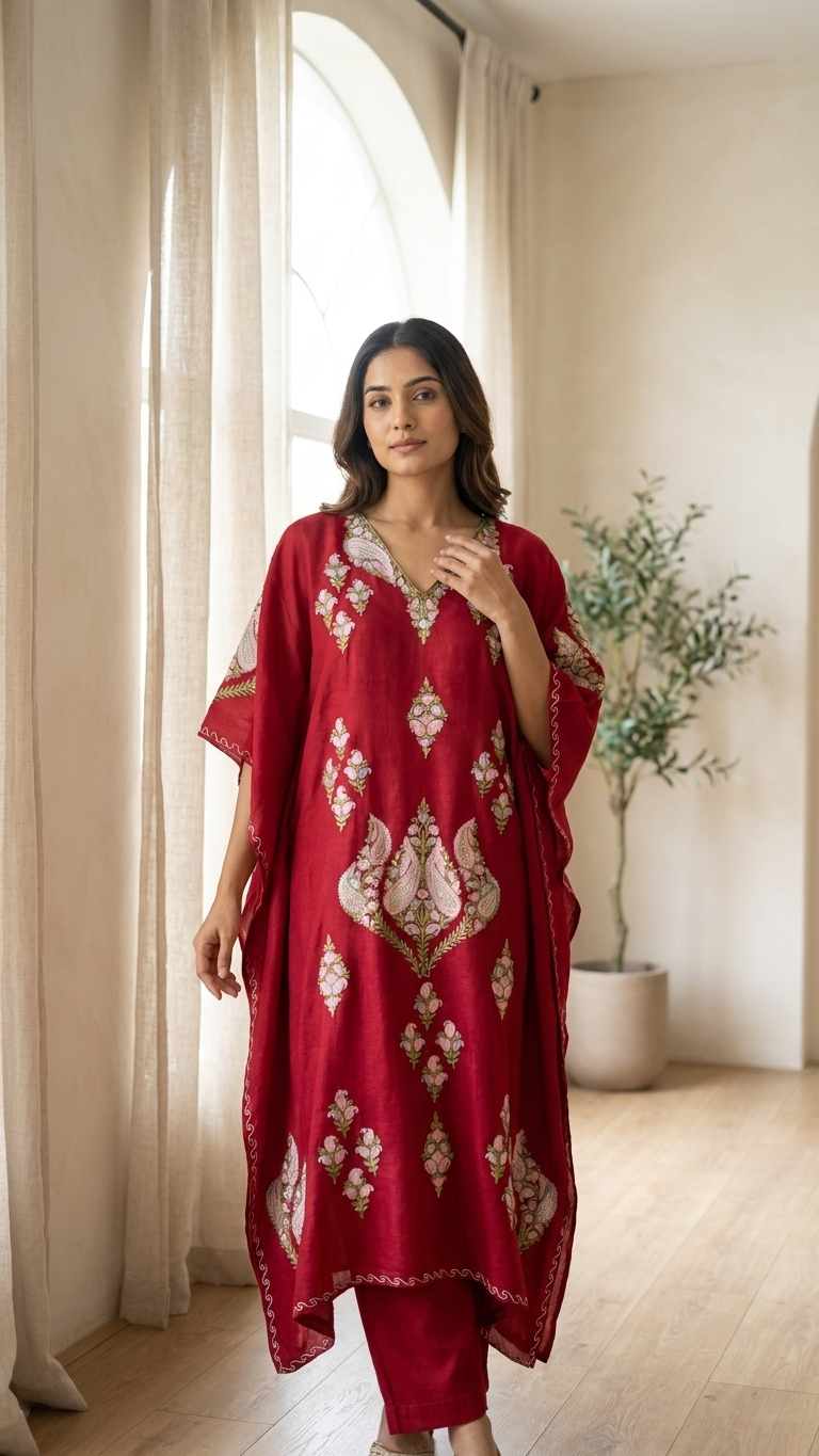 Maroon Opada Silk Kashmiri Kaftan Set