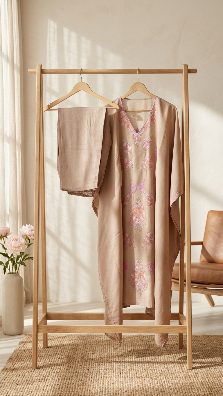 Beige Opada Silk Kashmiri Kaftan Set