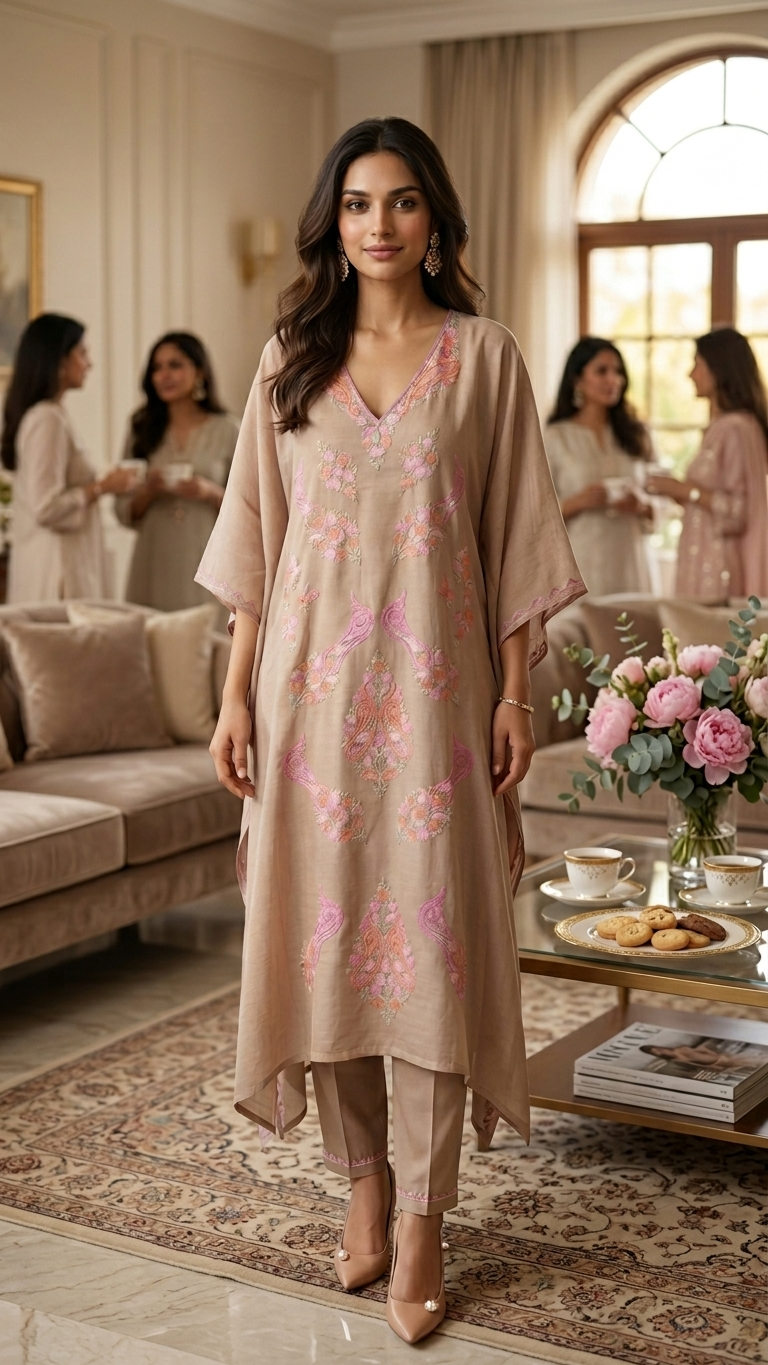 Beige Opada Silk Kashmiri Kaftan Set
