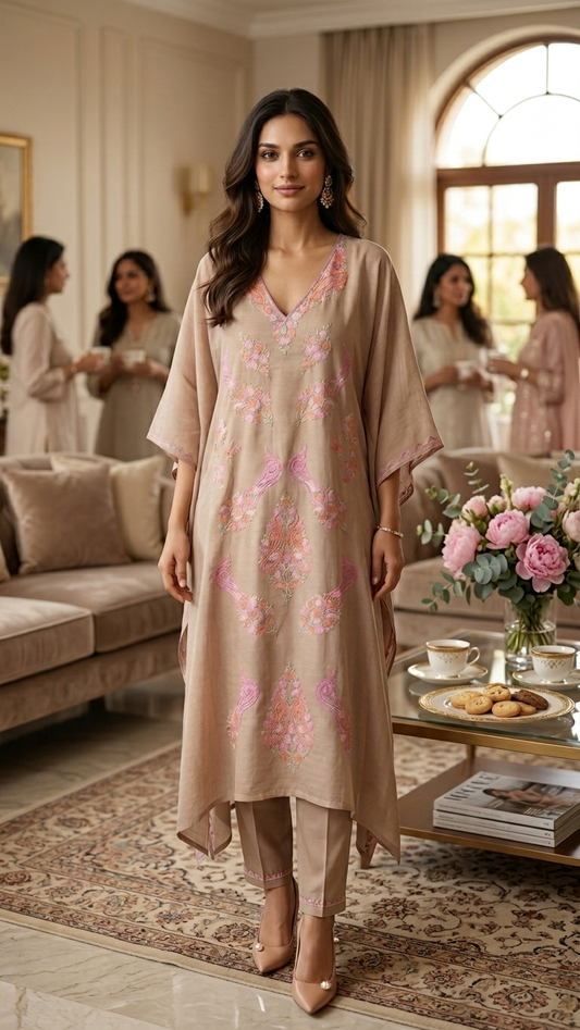 Beige Opada Silk Kashmiri Kaftan Set