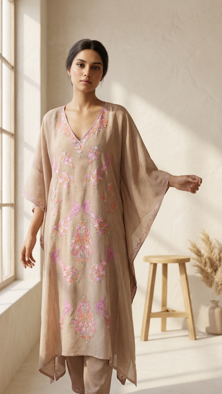 Beige Opada Silk Kashmiri Kaftan Set