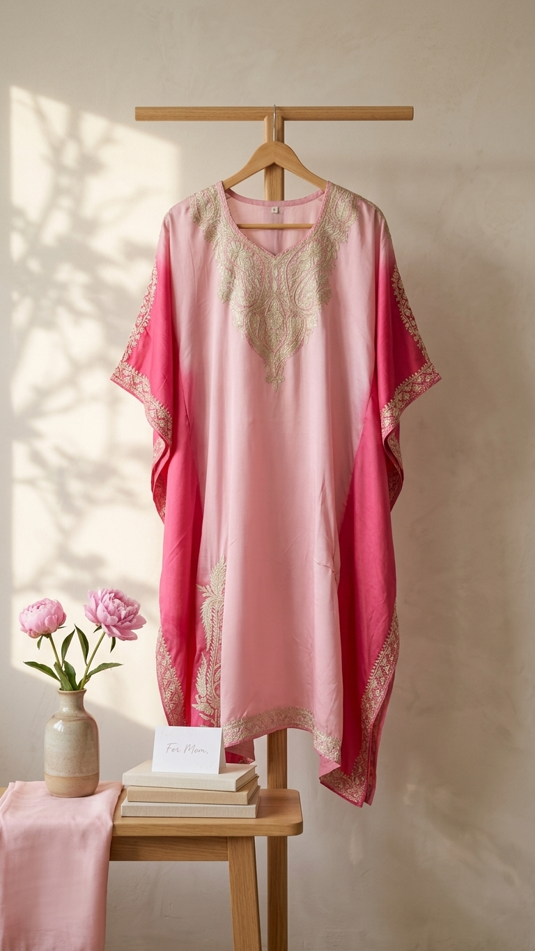 Pink Pure Crape Kashmiri Kaftan