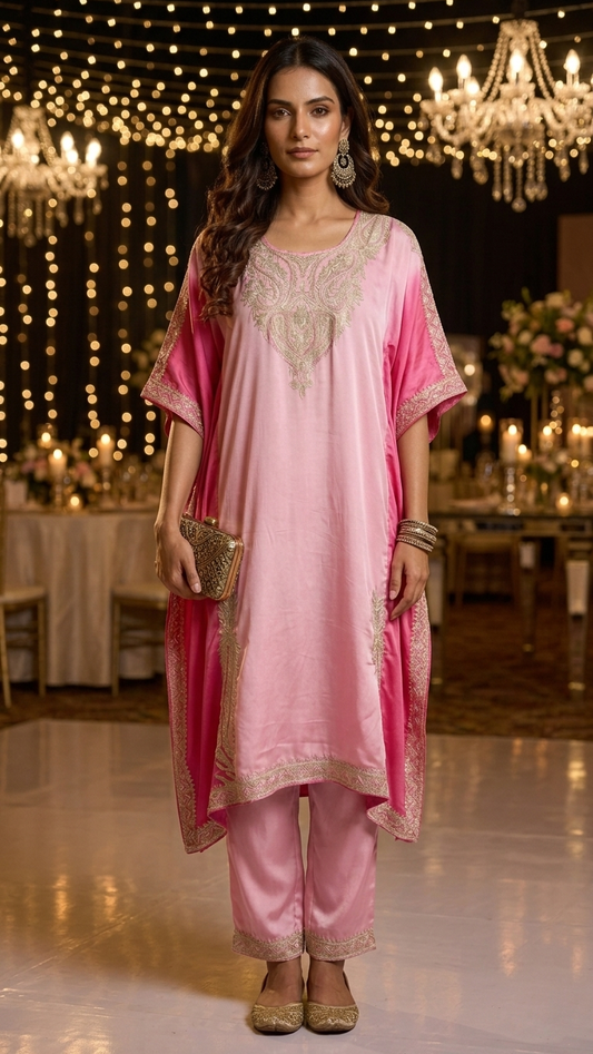 Pink Pure Crape Kashmiri Kaftan