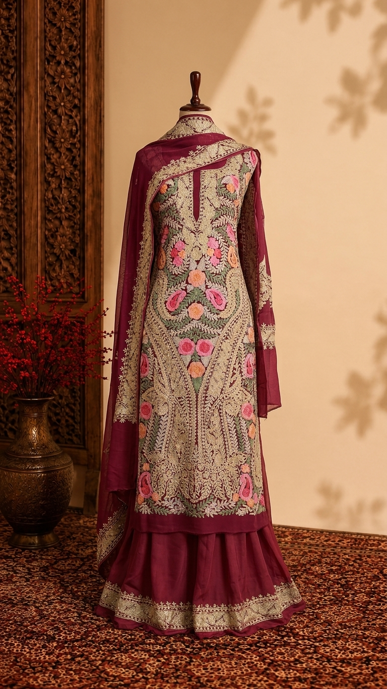 Wine Georgette 3 Pc Heavy Kashmiri Suit