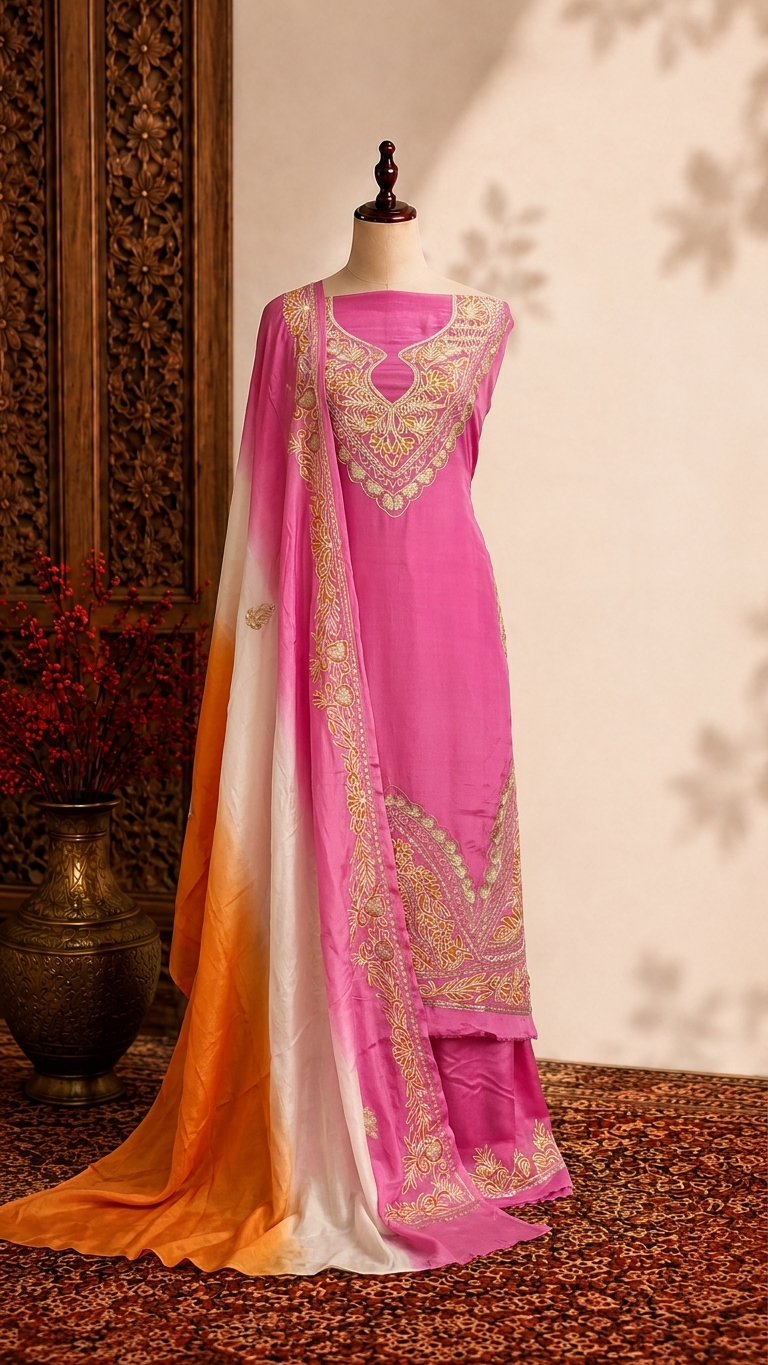 Pink Pure Chinon 3 Pc Heavy Front Back Kashmiri Suit
