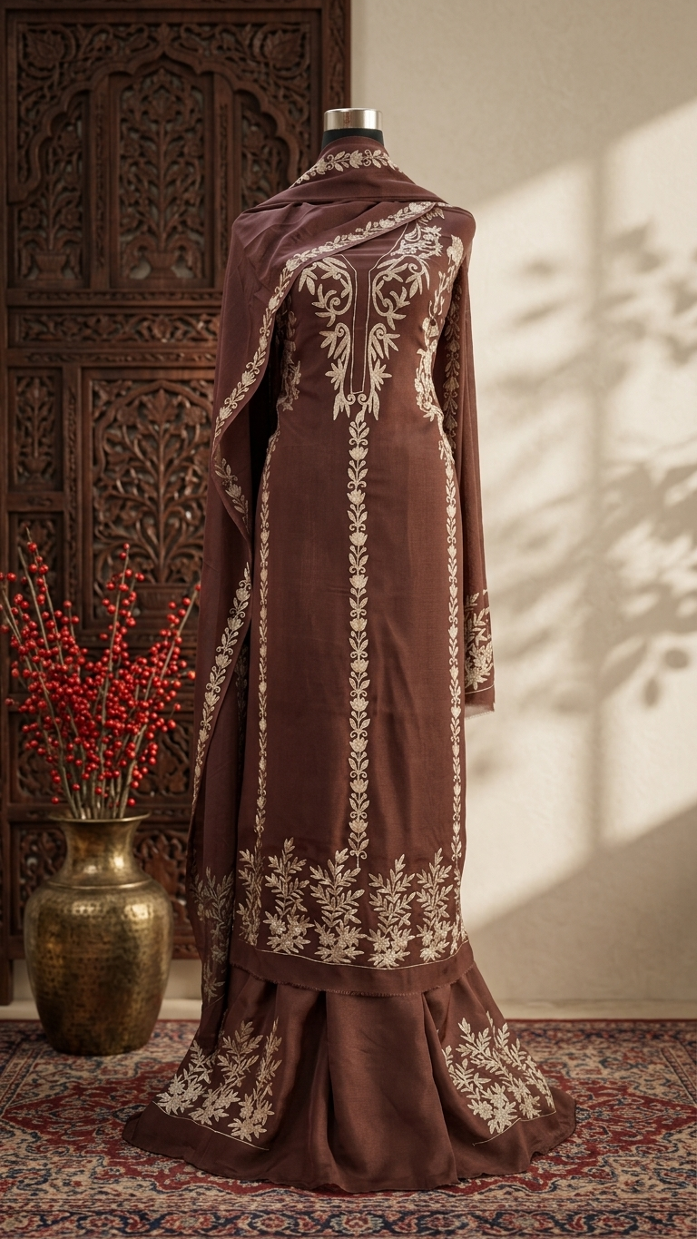 Brown Pure Georgette Oxidised Tilla Kashmiri Suit
