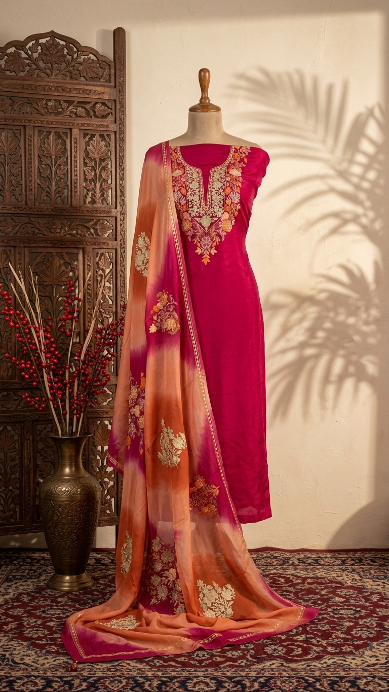 Beetroot Pink Chinon 3 Pc Aari Embroidered Suit