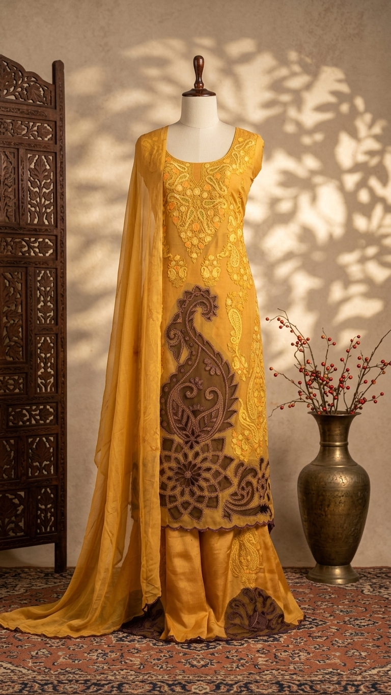 Mustard Yellow Pure Organza Cut Work Kashmiri Suit