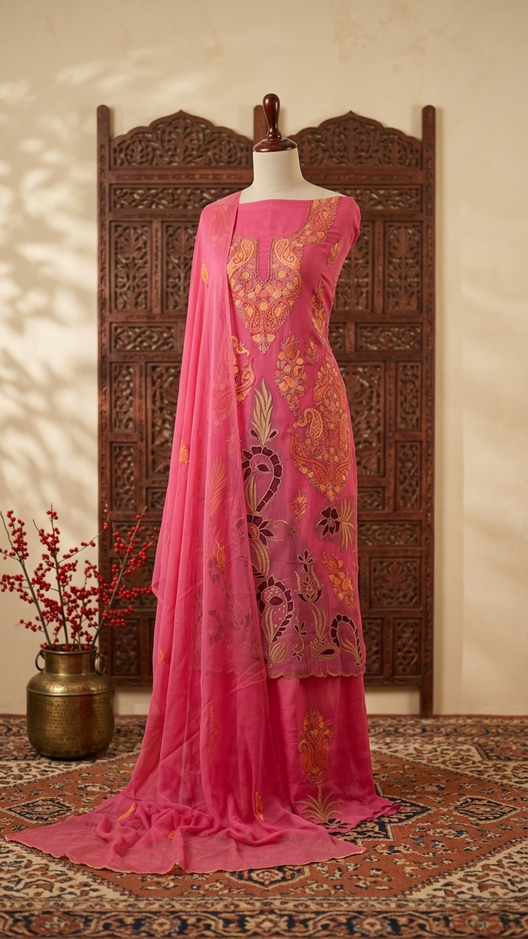 Pink Pure Organza Cut Work Kashmiri Suit
