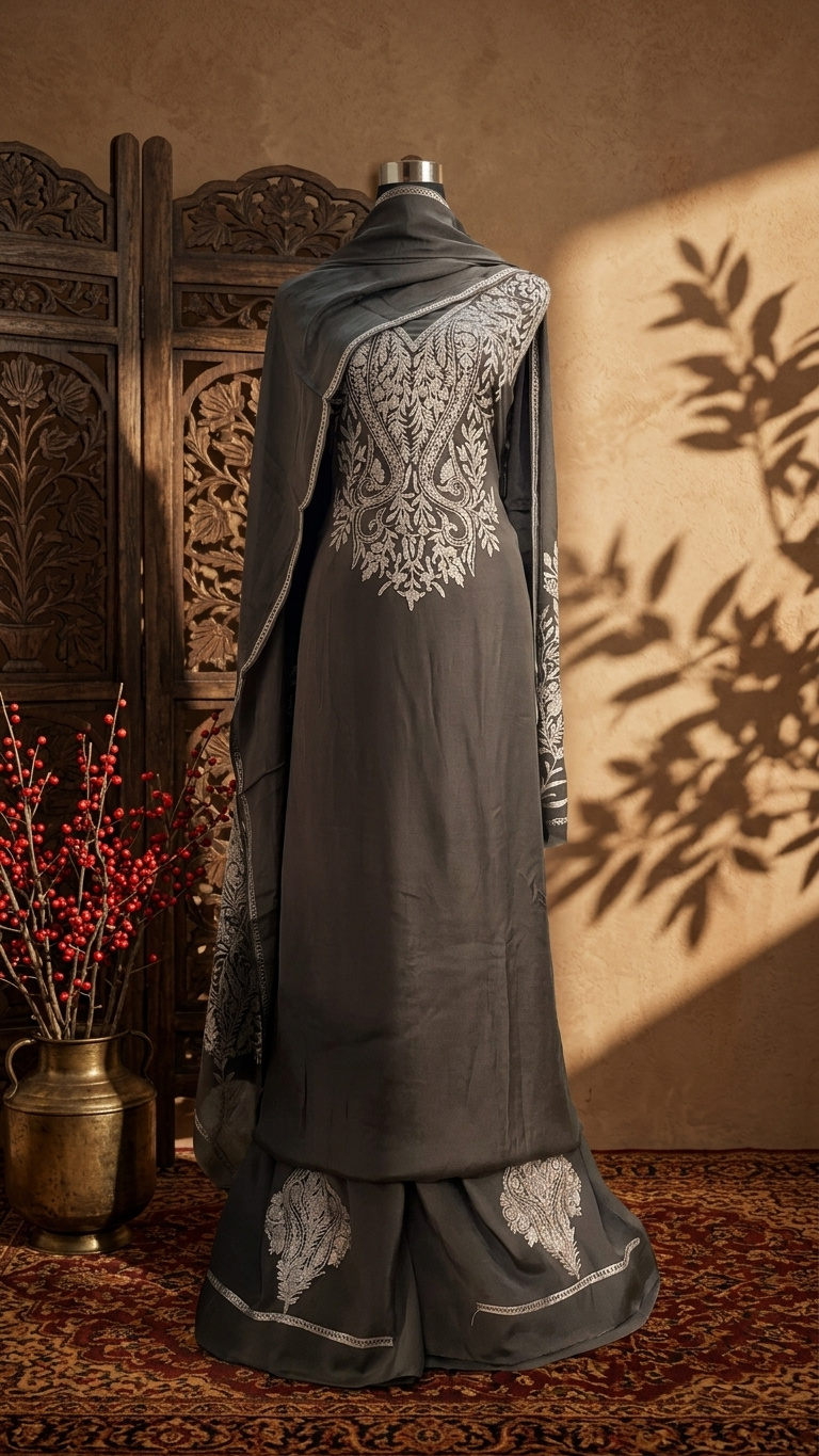 Luxury Pure Chinon Oxidised Tilla Embroidered Kashmiri Suit